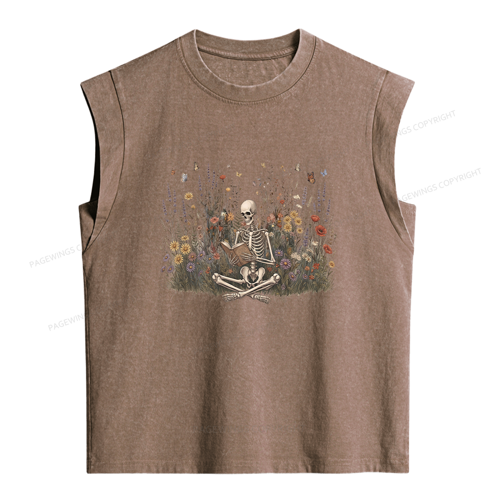 Pagewings Skeleton Reading Book Women's Washed Tank Top