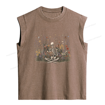 Pagewings Skeleton Reading Book Women's Washed Tank Top