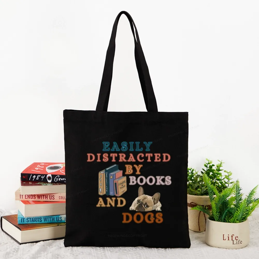 Pagewings Easily Distracted By Books And Dogs Tote Bag