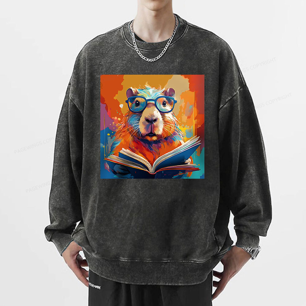 Pagewings Reading Capybar Unisex Washed Sweatshirt