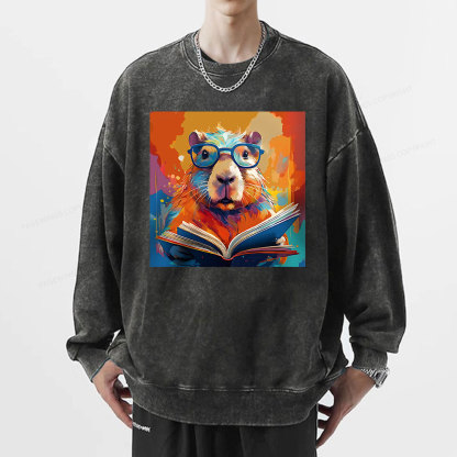 Pagewings Reading Capybar Unisex Washed Sweatshirt
