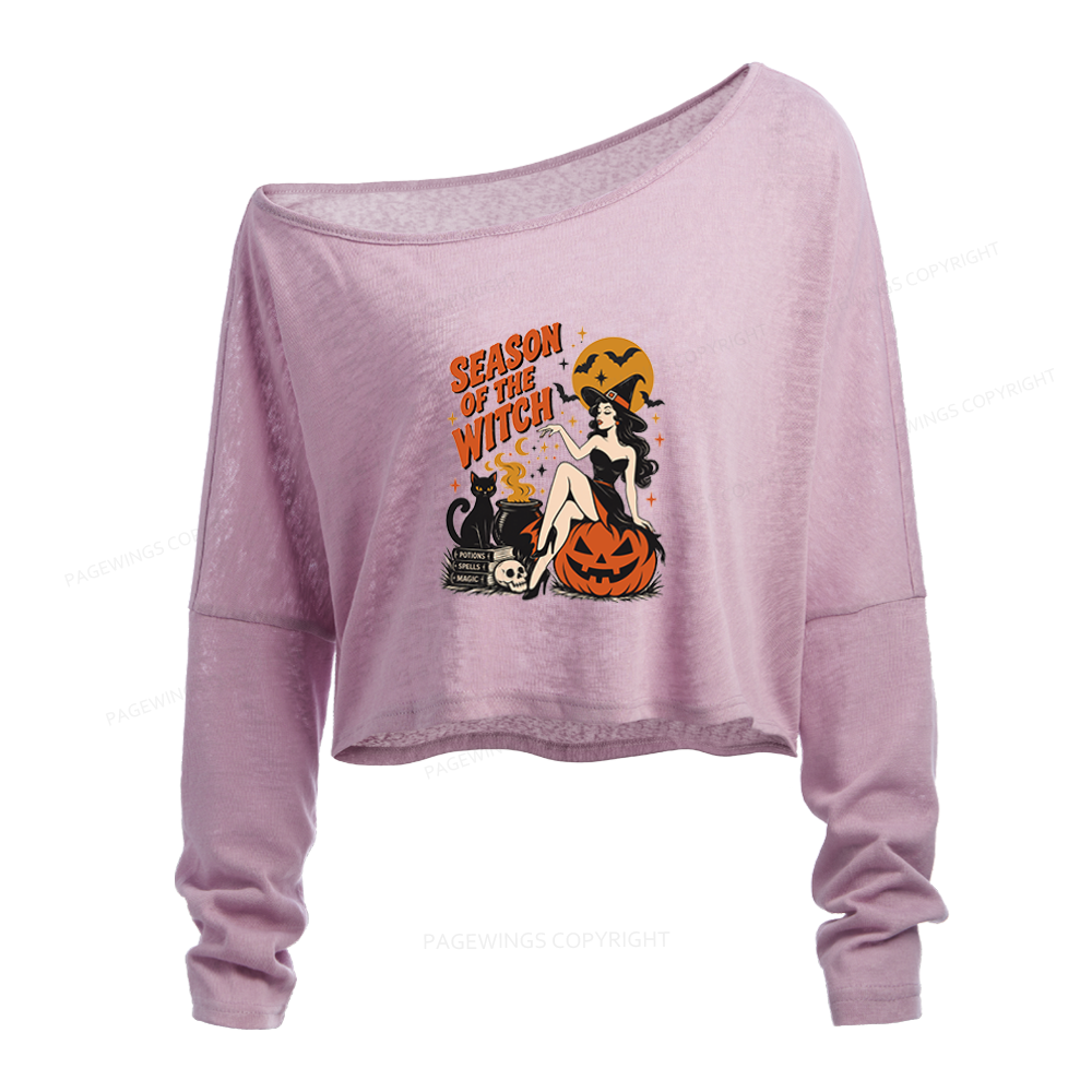 Pagewings Season Of The Witch Slouchy Long Sleeve Off Shoulder T-shirt