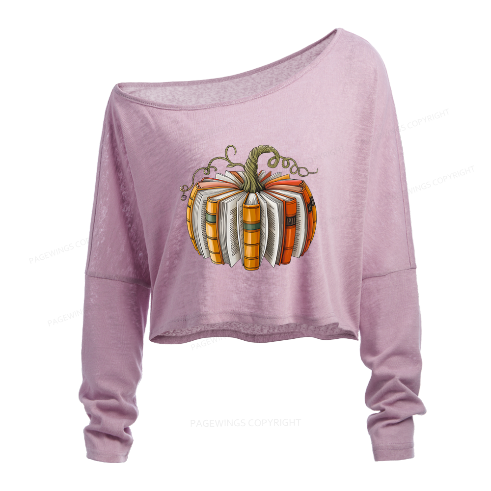 Pagewings Fall Book Pumpkin Slouchy Long Sleeve Off Shoulder T-shirt