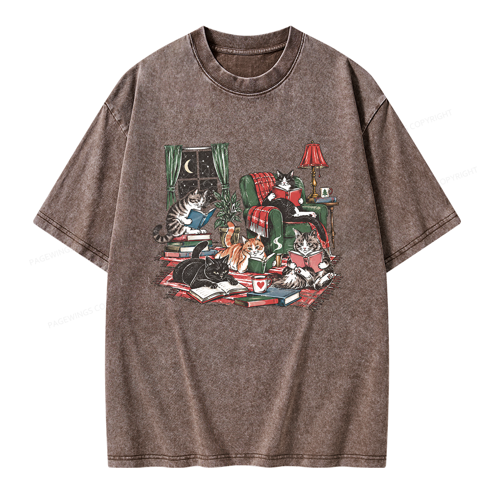 Pagewings Cats Reading Books Unisex Washed T-shirt