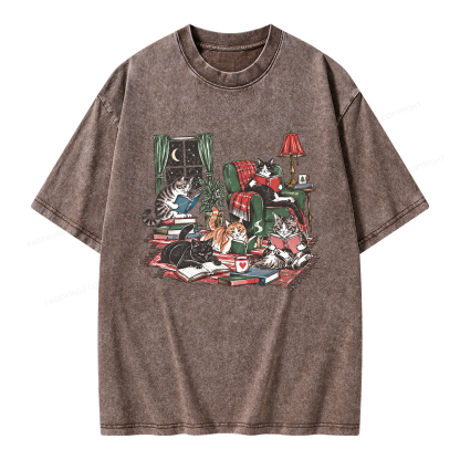 Pagewings Cats Reading Books Unisex Washed T-shirt