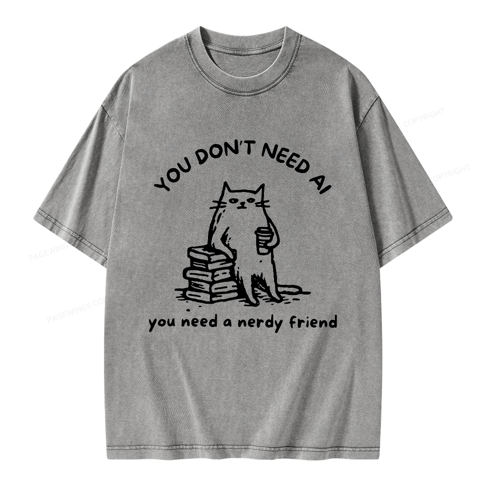 Pagewings Funny Cat Doodle Anti AI Unisex Washed T-shirt