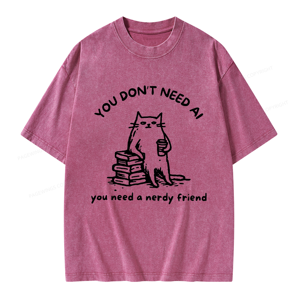 Pagewings Funny Cat Doodle Anti AI Unisex Washed T-shirt