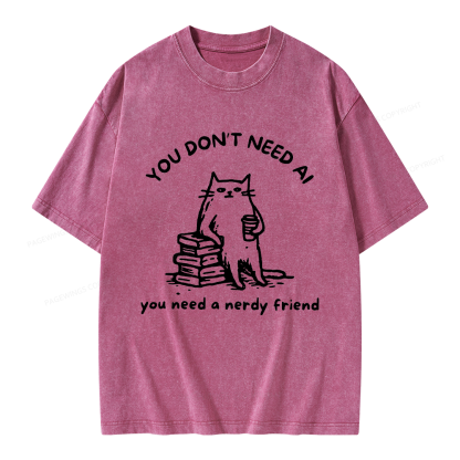 Pagewings Funny Cat Doodle Anti AI Unisex Washed T-shirt
