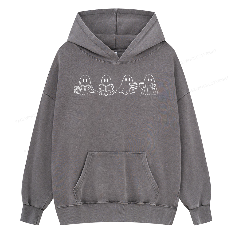 Pagewings Halloween Cute Ghost Reading Books Unisex Washed Hoodie
