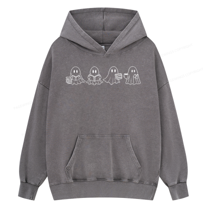 Pagewings Halloween Cute Ghost Reading Books Unisex Washed Hoodie
