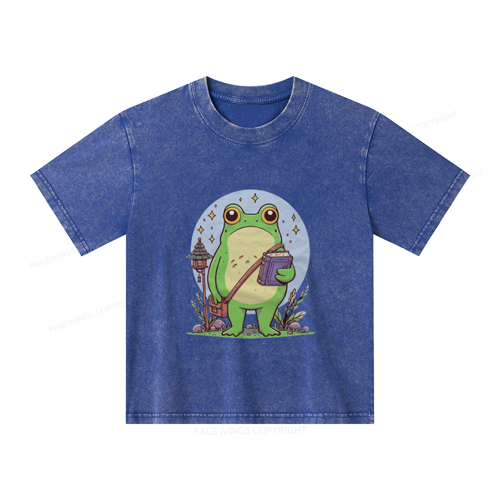 Pagewings Frog Reading Book Unisex Kids Washed T-shirt