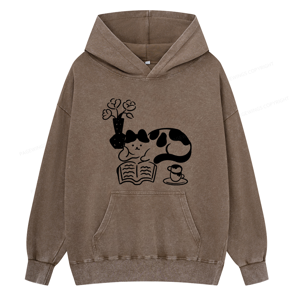 Pagewings The Cat Who Loves Reading Unisex Washed Hoodie