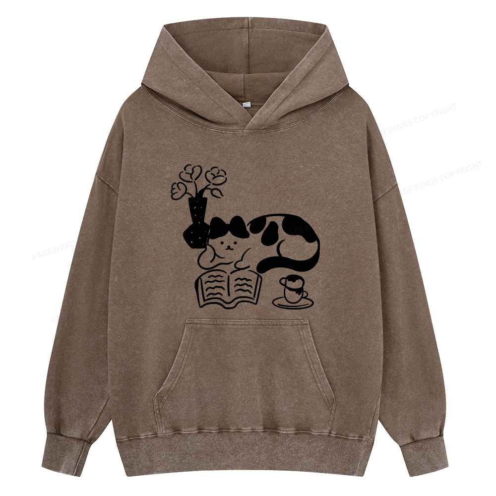 Pagewings The Cat Who Loves Reading Unisex Washed Hoodie