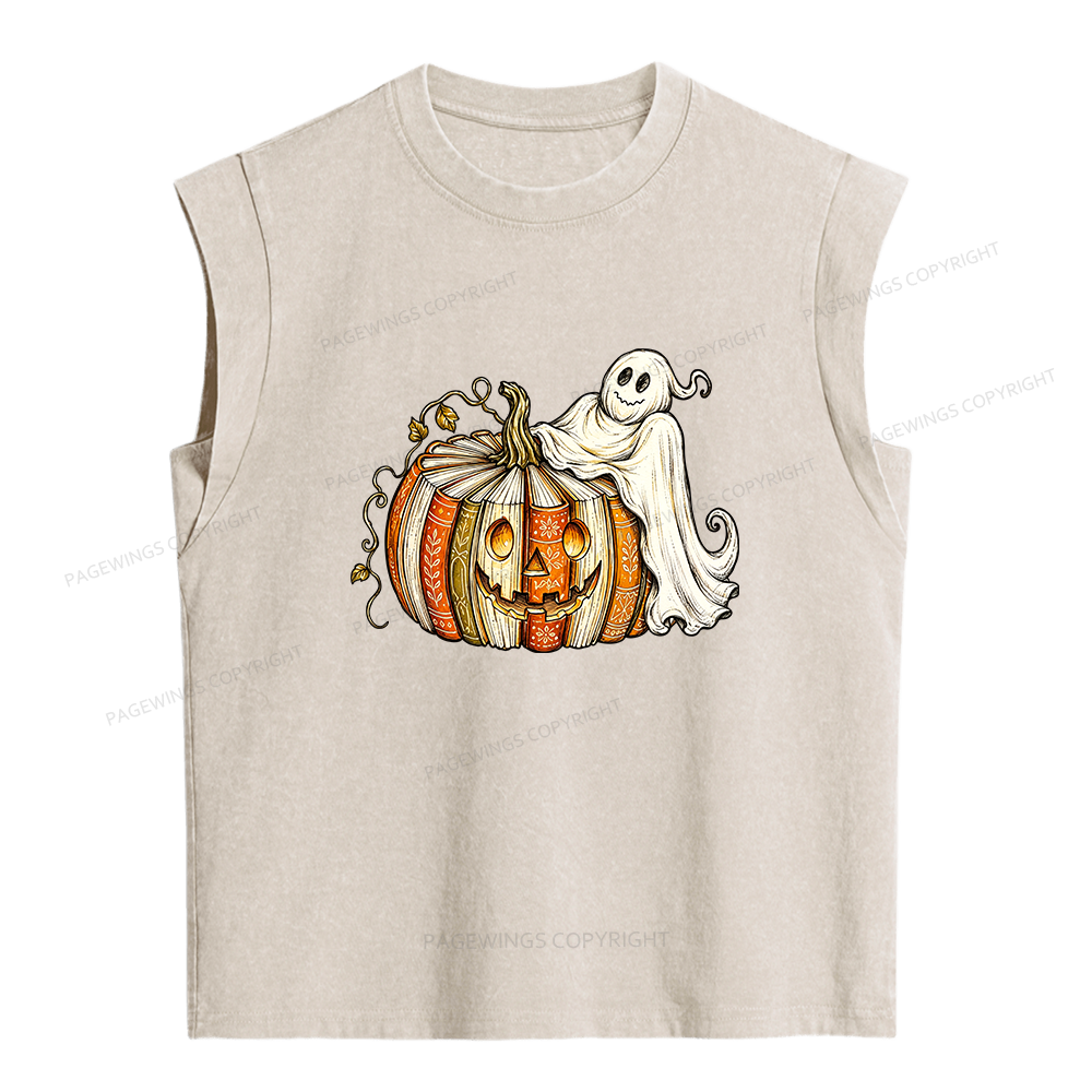 Pagewings Book Pumpkin Ghost Women's Washed Tank Top