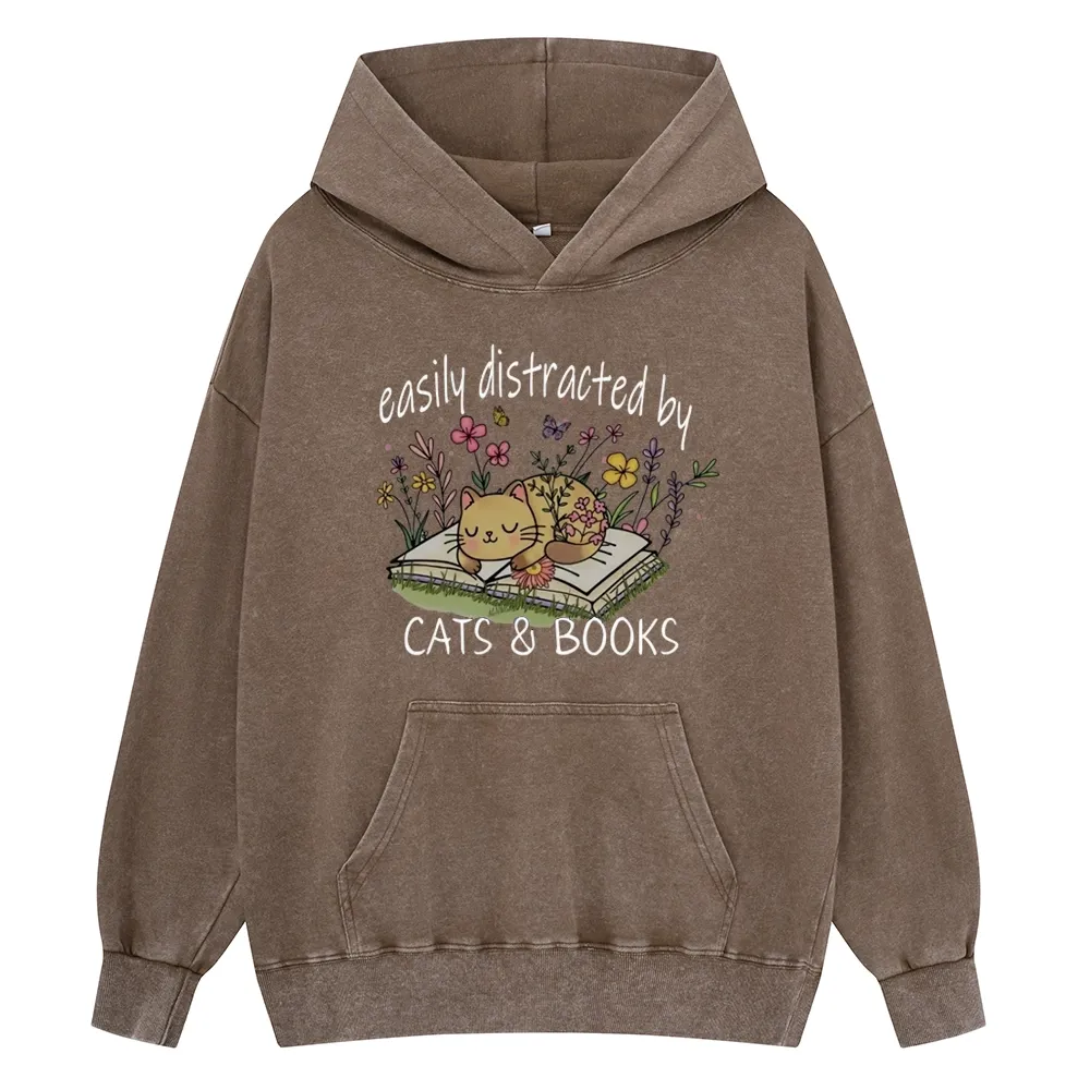 Pagewings Easily Distracted By Cats And Books Unisex Washed Hoodie