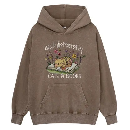 Pagewings Easily Distracted By Cats And Books Unisex Washed Hoodie