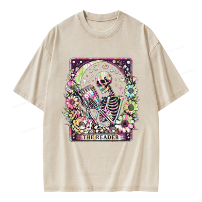 Pagewings The Reader Tarot Card Skeleton Reading Unisex Washed T-shirt