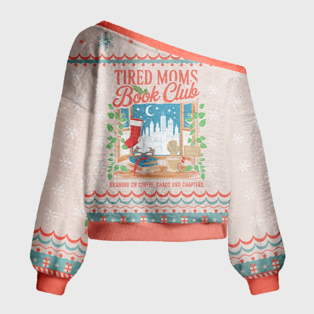 Pagewings Mom Life Coffee Books Christmas Off Shoulder Ugly Knit Sweater