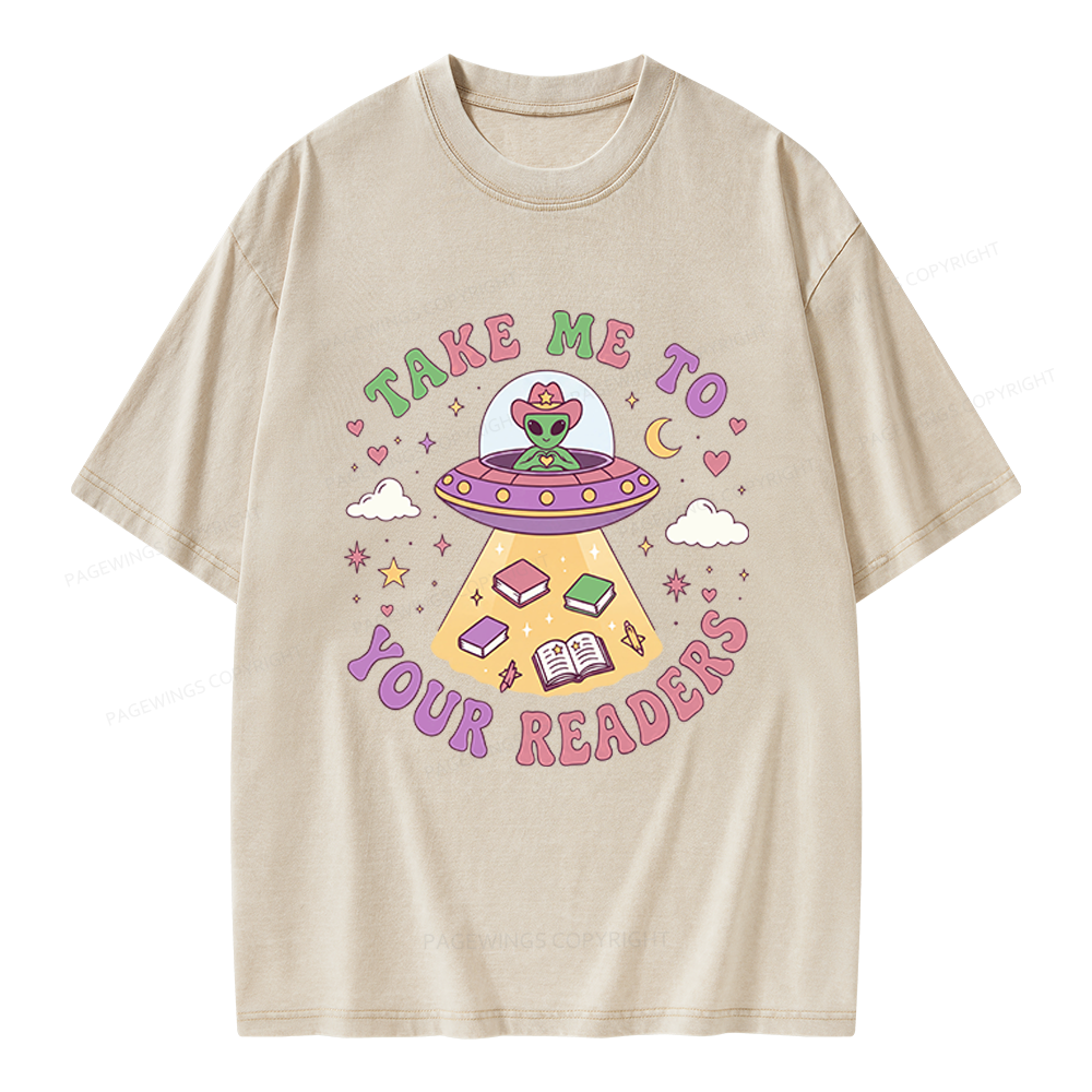 Pagewings Cute Alien Reading Unisex Washed T-shirt