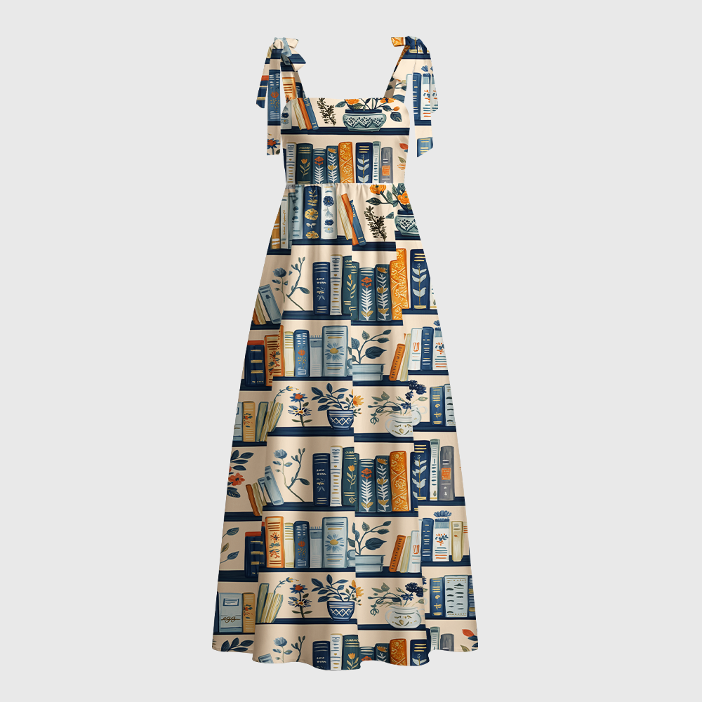 Pagewings Vintage Bookshelf  Library Lover Tie Shoulder Maxi Dress