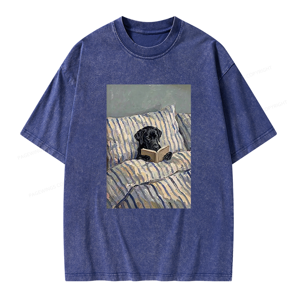 Pagewings Dog Reading in Bed Unisex Washed T-shirt