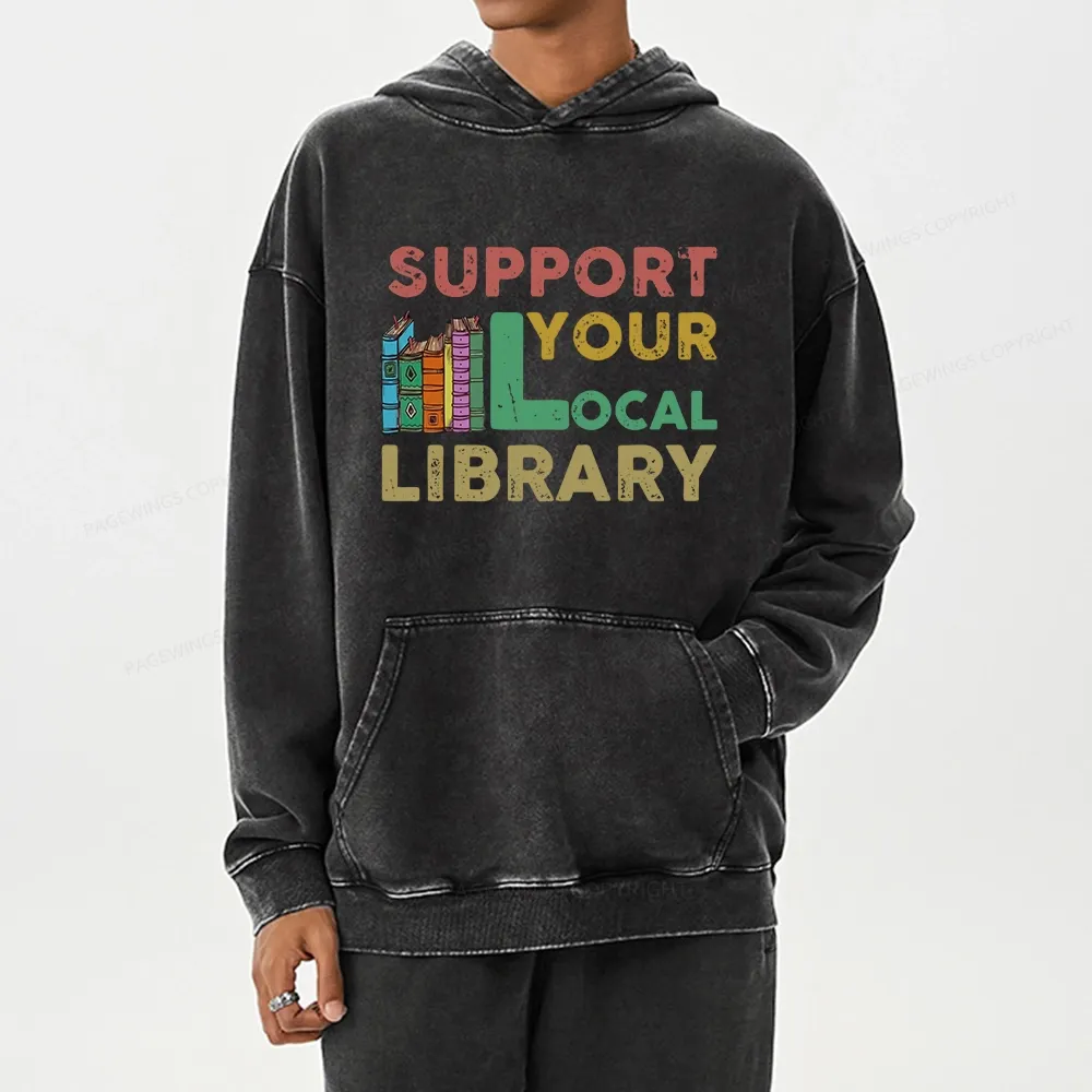 Pagewings Support Your Local Library Unisex Washed Hoodie