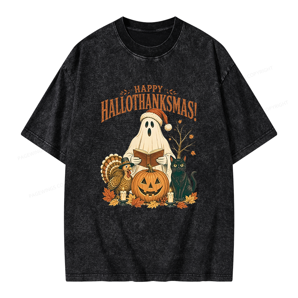 Pagewings Happy Hallothanksmas Unisex Washed T-shirt