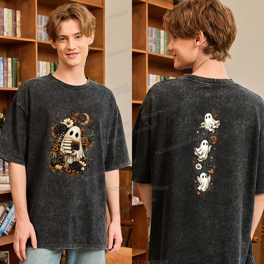 Pagewings Halloween Floral Ghost Bookish Unisex Washed T-shirt