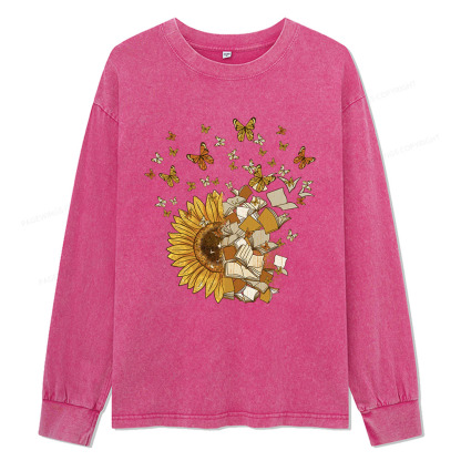 Pagewings Sunflower And Book Harmony Unisex Washed Long Sleeve T-shirt
