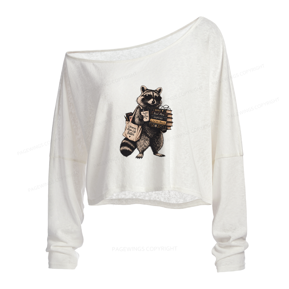 Pagewings Book Lover Raccoon Slouchy Long Sleeve Off Shoulder T-shirt