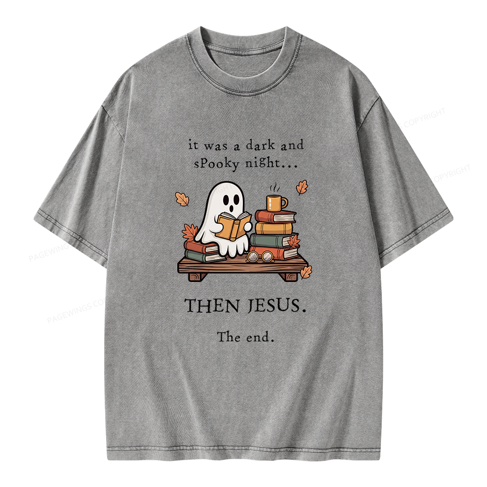 Pagewings Funny Fall Reading Ghost Unisex Washed T-shirt