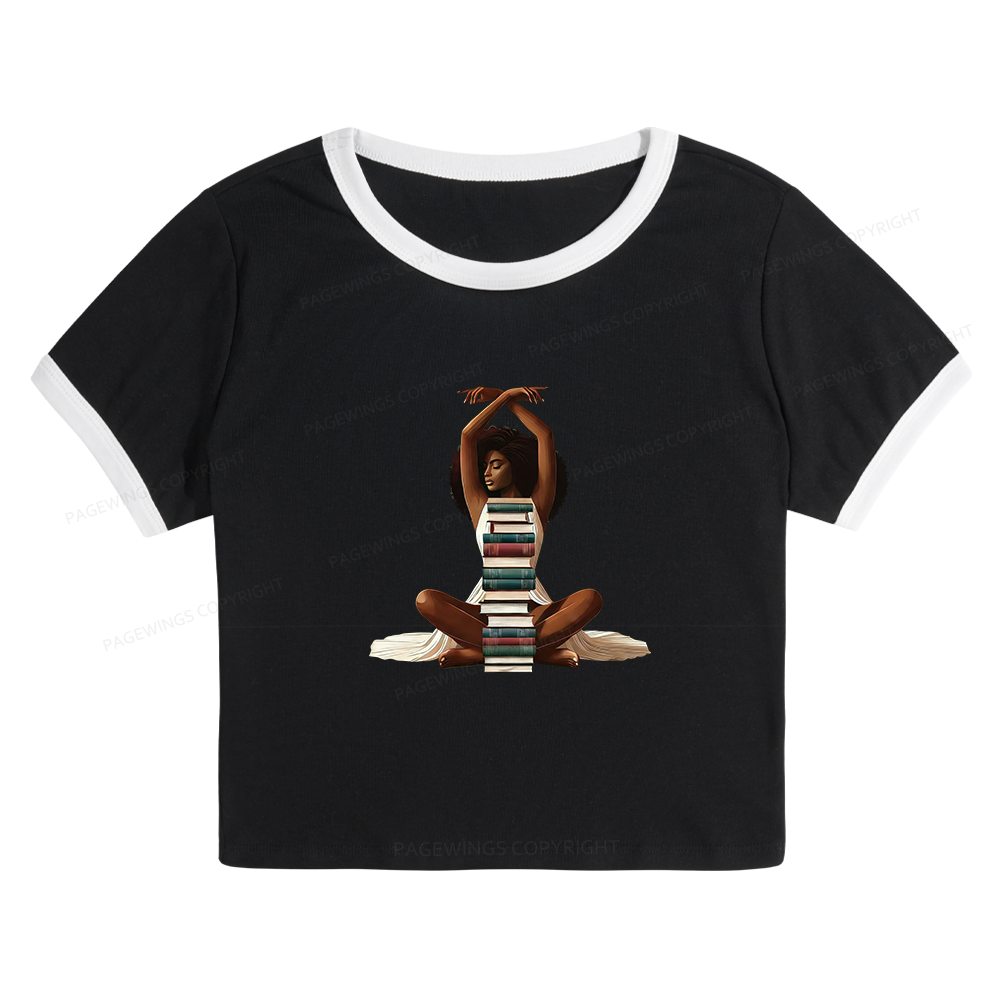 Pagewings Black Girl Reading Baby Tee Cropped Ringer T-Shirt
