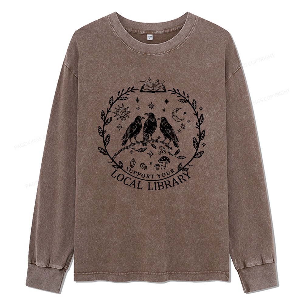 Pagewings Support Your Local Library Unisex Washed Long Sleeve T-shirt