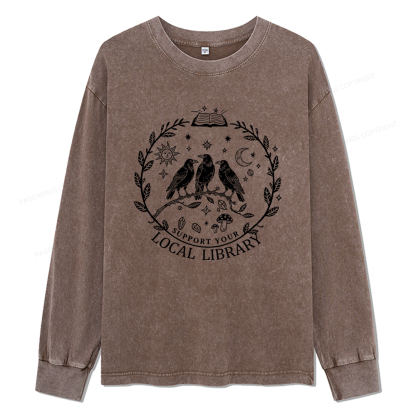 Pagewings Support Your Local Library Unisex Washed Long Sleeve T-shirt