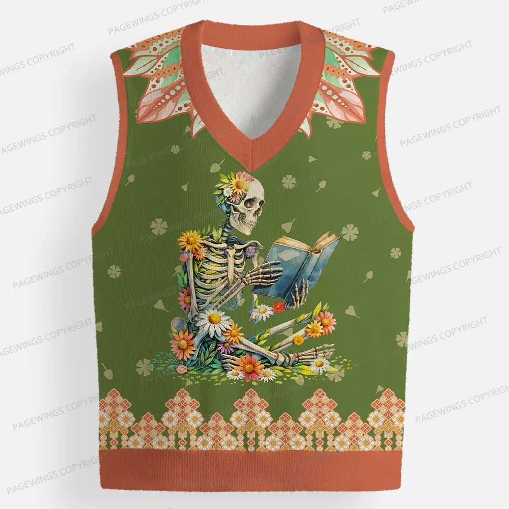 Pagewings Skeleton Reading Unisex V-Neck Ugly Knit Vest