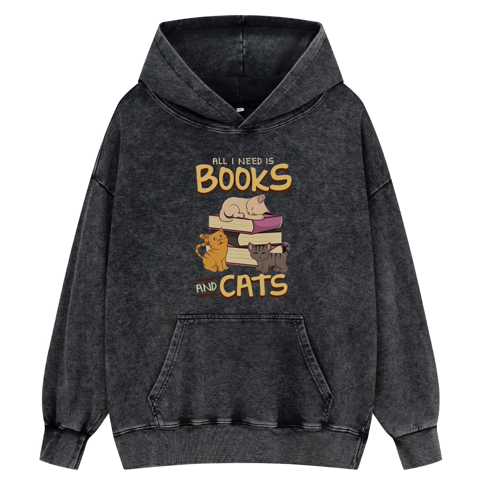 Pagewings All I Need Is Books And Cats Unisex Washed Hoodie