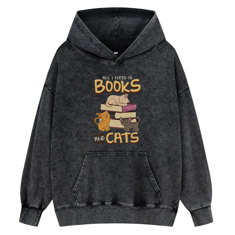 Pagewings All I Need Is Books And Cats Unisex Washed Hoodie