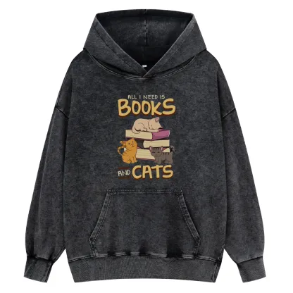 Pagewings All I Need Is Books And Cats Unisex Washed Hoodie