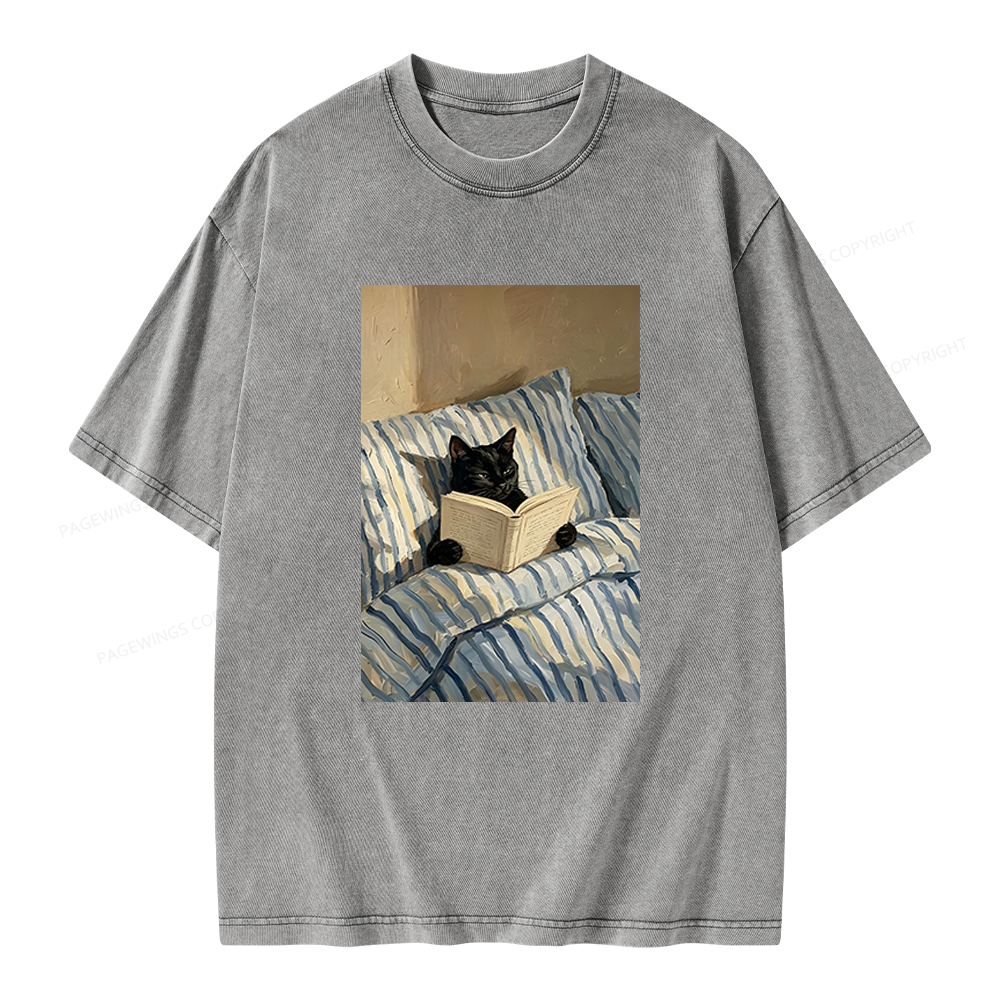 Pagewings Black Cat Reading in Bed Unisex Washed T-shirt