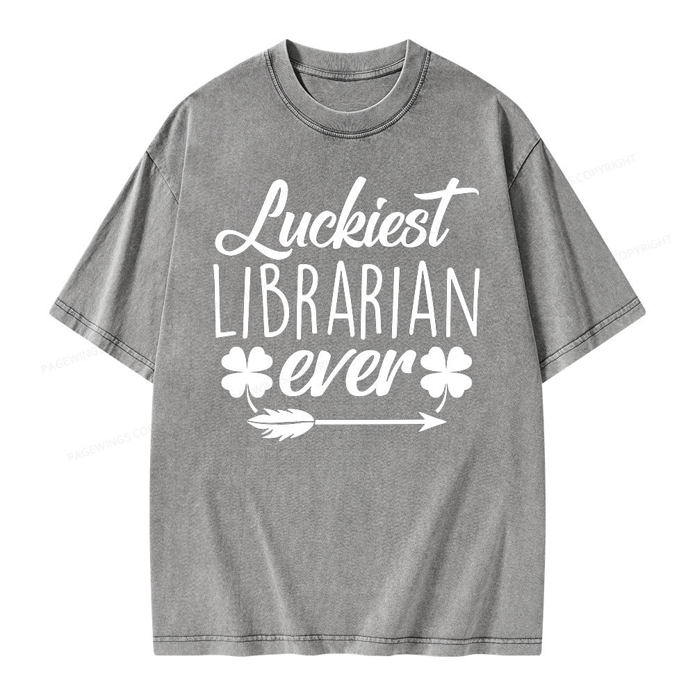 Pagewings Luckiest Librarian Unisex Washed T-shirt