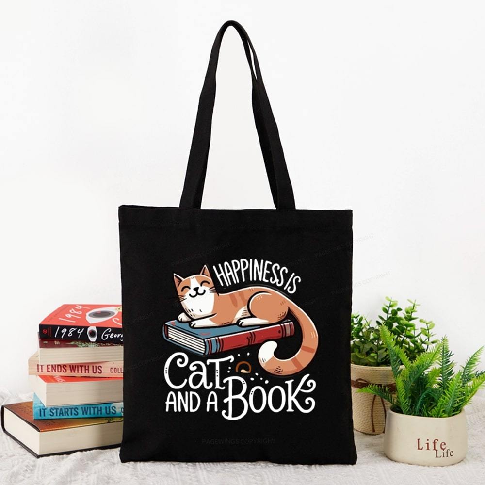 Pagewings Happiness Is A Cat And A Book Unisex Tote Bag