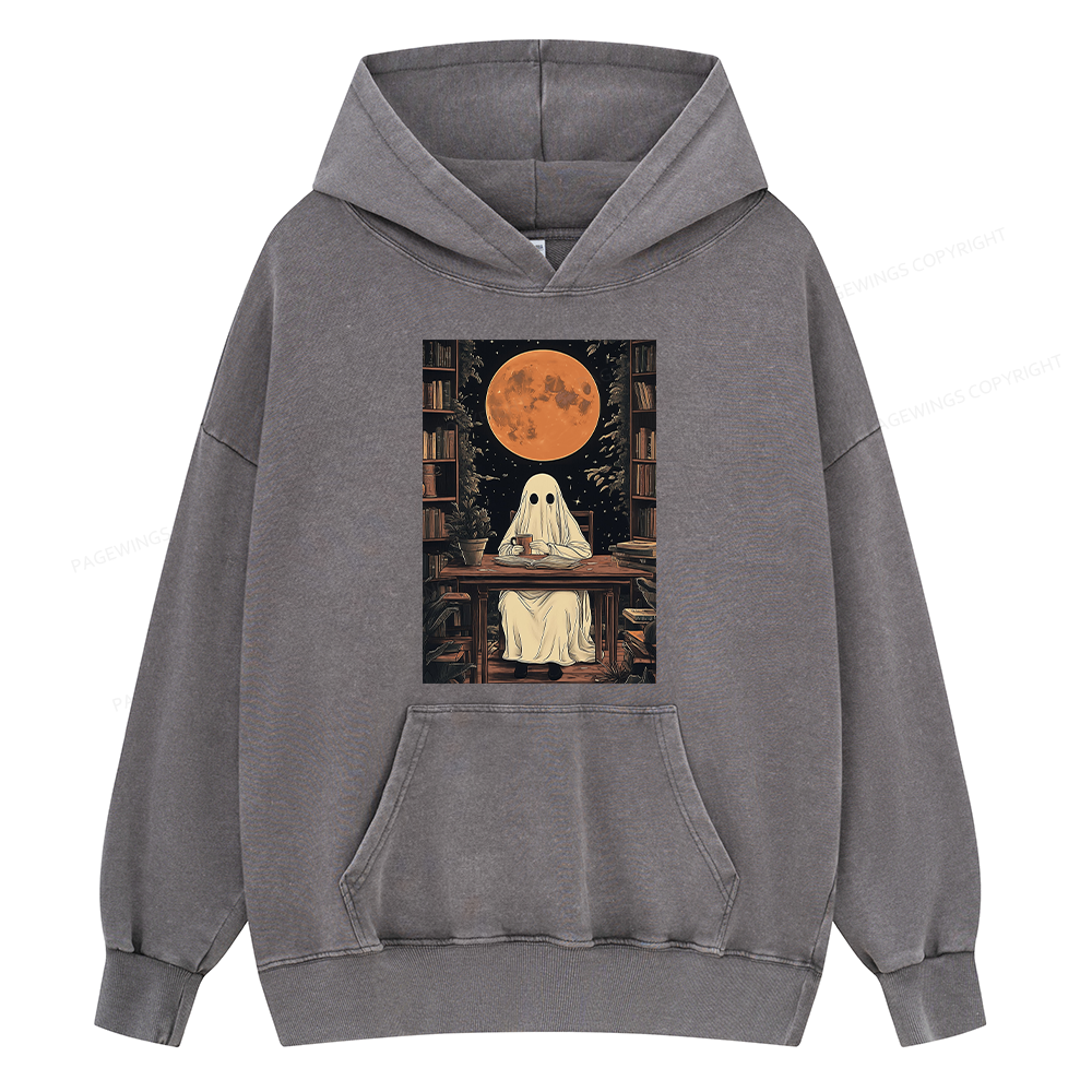 Pagewings Halloween Ghost Books Coffee Unisex Washed Hoodie