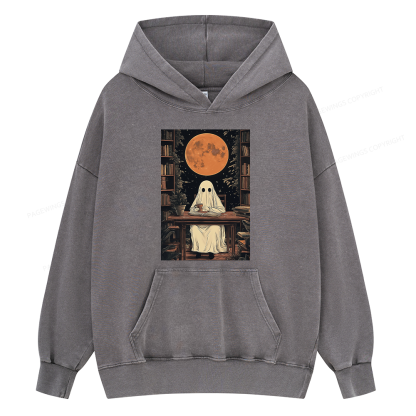 Pagewings Halloween Ghost Books Coffee Unisex Washed Hoodie