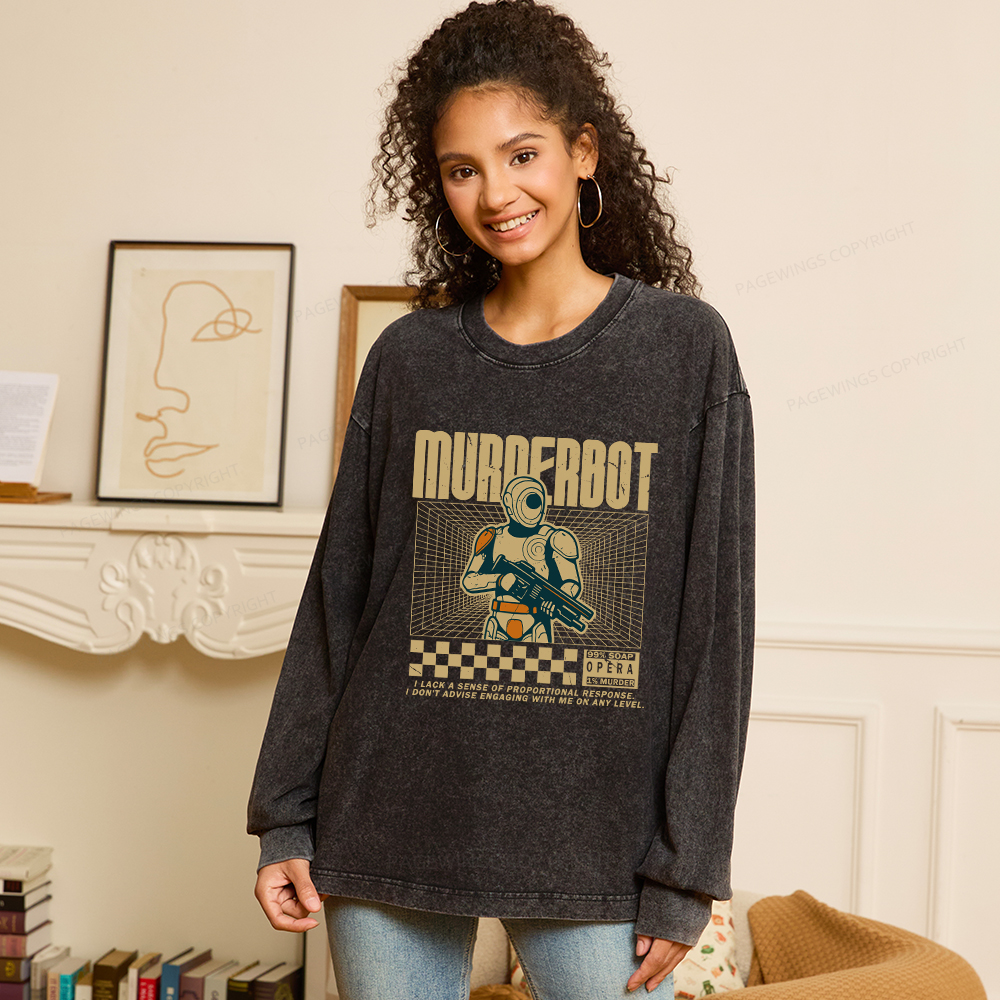 Pagewings Sci-Fiction Robot Hobby Unisex Washed Long Sleeve T-shirt