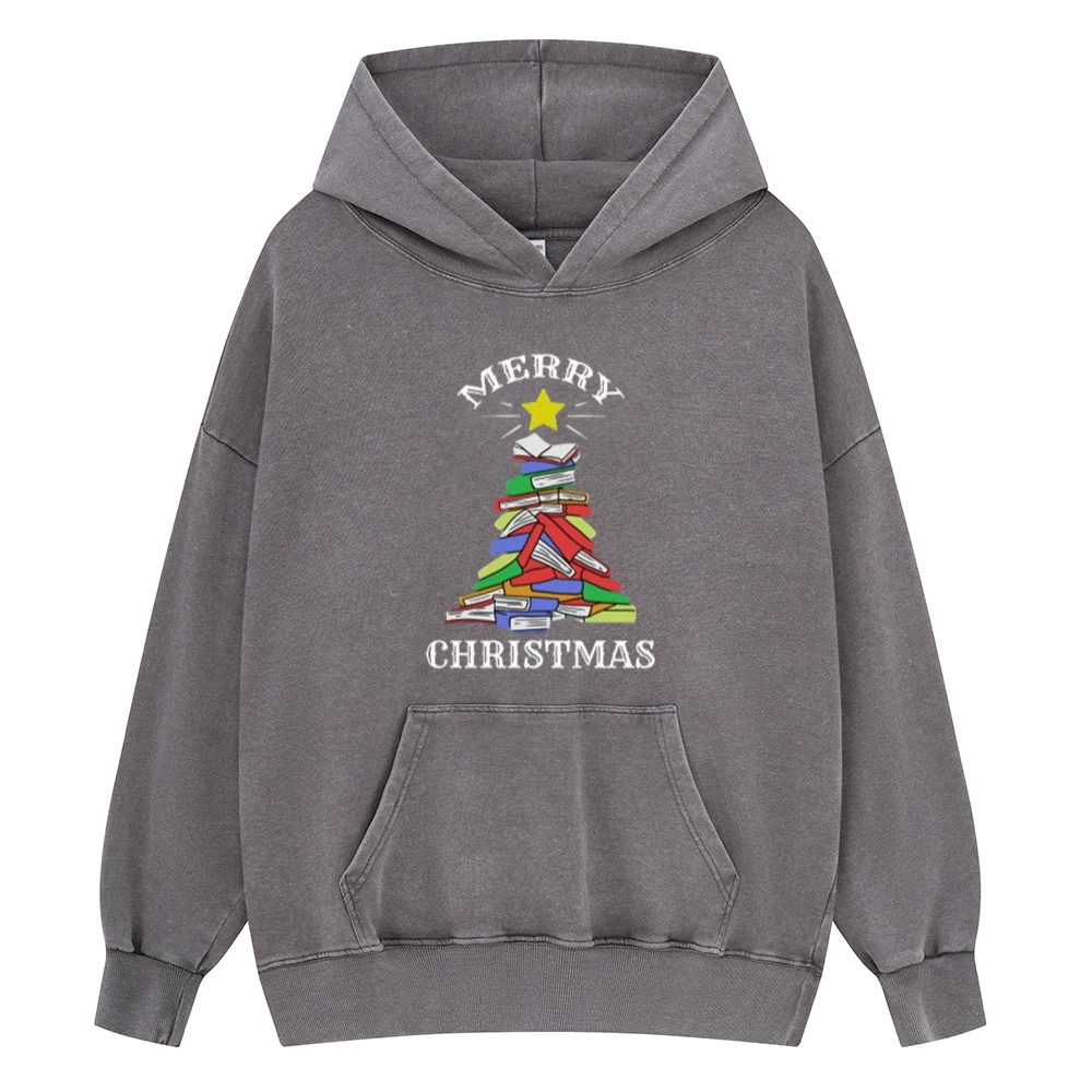 Pagewings Merry Christmas Book Tree Unisex Washed Hoodie