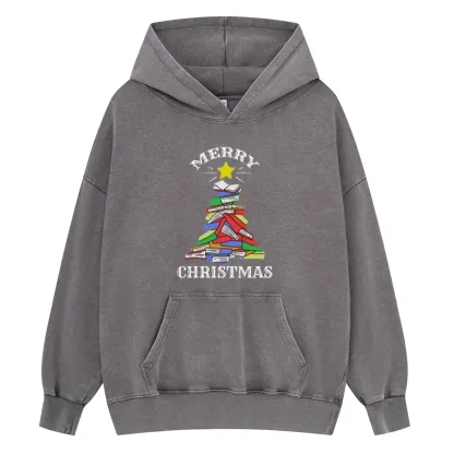 Pagewings Merry Christmas Book Tree Unisex Washed Hoodie