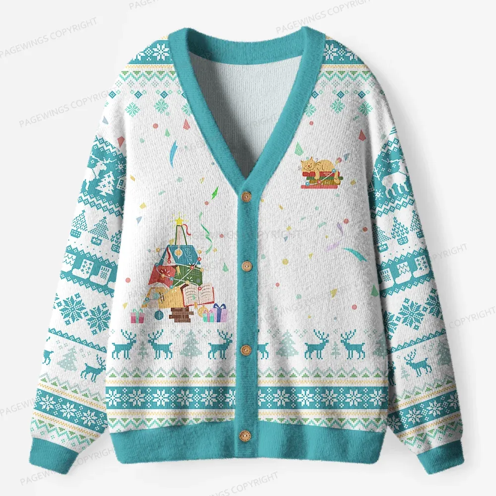 Pagewings Christmas Cozy Reading Unisex Ugly Cardigan Sweaters