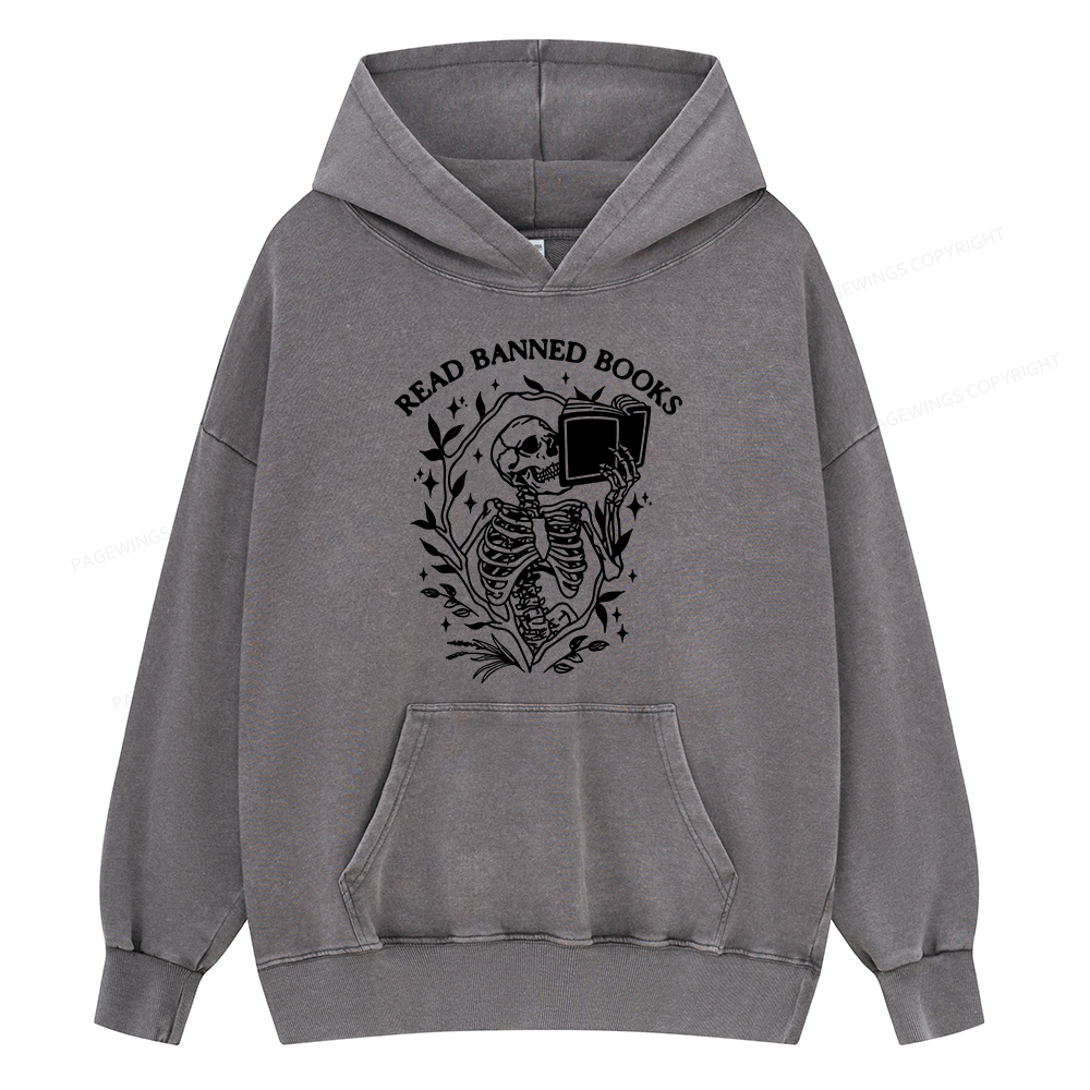 Pagewings Read Banned Books Skeleton Unisex Washed Hoodie