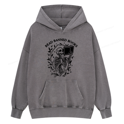 Pagewings Read Banned Books Skeleton Unisex Washed Hoodie