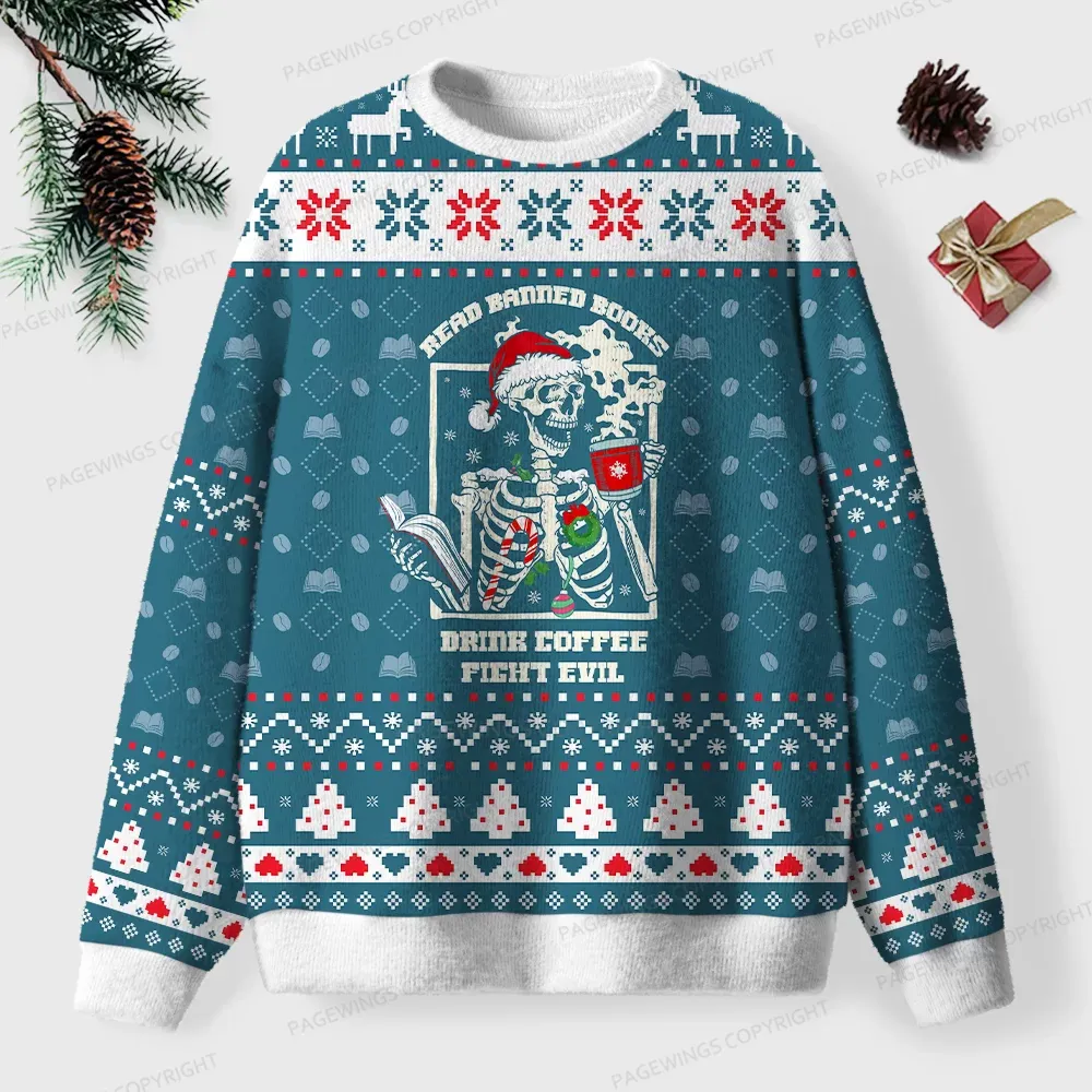 Pagewings Read Banned Books Drink Coffee Fight Evil Unisex Ugly Knit Sweatshirt
